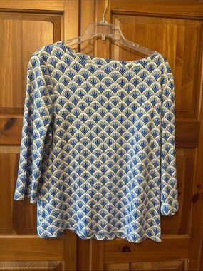 Croft & Barrow Blue & Yellow Patterned Boatneck Top XL